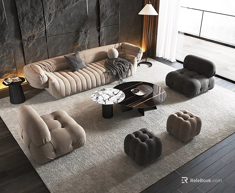 Modern Living Room Sofa And Coffee Table Set With Beige Armchairs Ottoman And Marble Top 3d model 