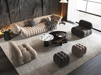 Modern Living Room Sofa And Coffee Table Set With Beige Armchairs Ottoman And Marble Top 3d model
