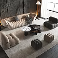 Modern Living Room Sofa And Coffee Table Set With Beige Armchairs Ottoman And Marble Top