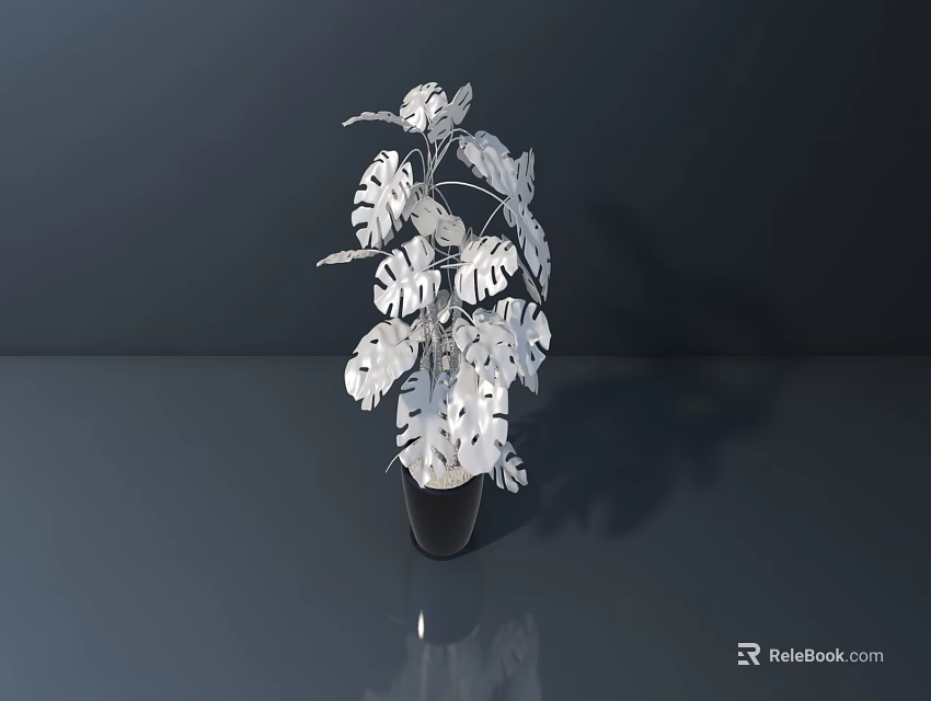 Silver Metal Plant Leaf Sculpture in Black Vase on Dark Background 3d model 