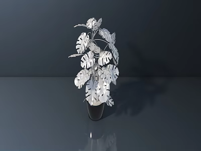 Silver Metal Plant Leaf Sculpture in Black Vase on Dark Background 3d model