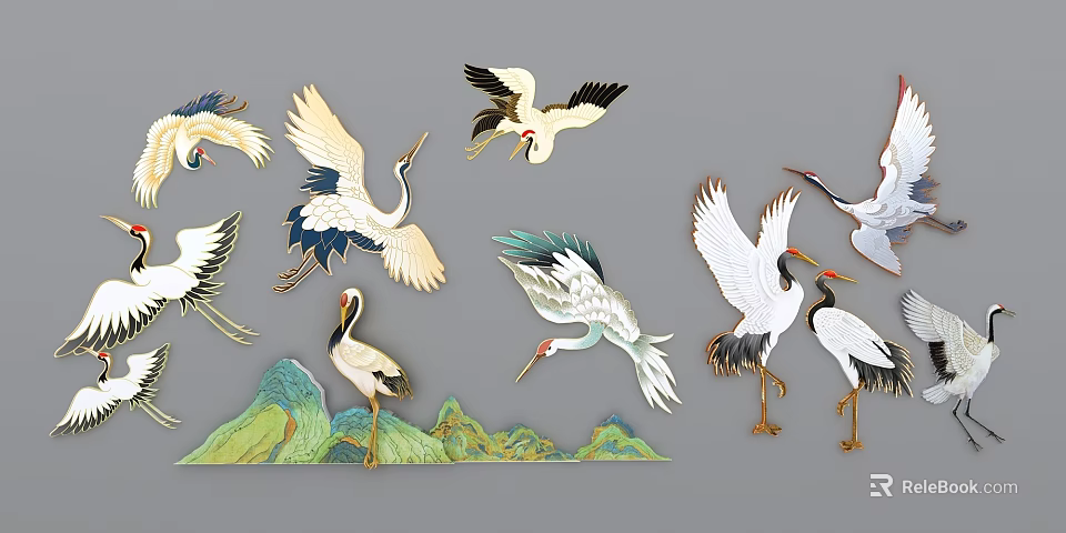 Colorful Crane Wall Decor with White Black and Gold Details and Green Mountain Patterns 3d model 