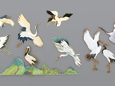 Colorful Crane Wall Decor with White Black and Gold Details and Green Mountain Patterns 3d model