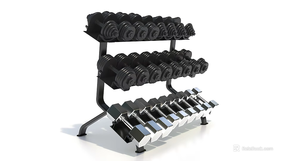 Sturdy Metal Dumbbell Rack With Multiple Tiers Holding Black And Silver Dumbbells 3d model 