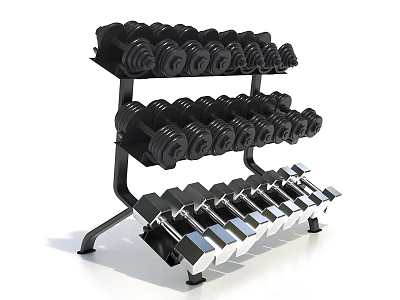 Sturdy Metal Dumbbell Rack With Multiple Tiers Holding Black And Silver Dumbbells 3d model