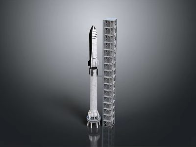 Space Rocket Model With Launch Tower And Ladder Structure On Dark Background 3d model