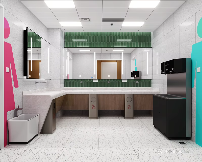 Public Restroom Interior With Gender Signs Vanity Counters Mirrors Trash Bins And Water Dispenser 3d model 