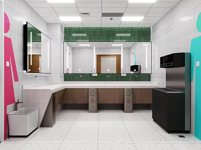 Public Restroom Interior With Gender Signs Vanity Counters Mirrors Trash Bins And Water Dispenser 3d model