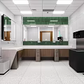 Public Restroom Interior With Gender Signs Vanity Counters Mirrors Trash Bins And Water Dispenser