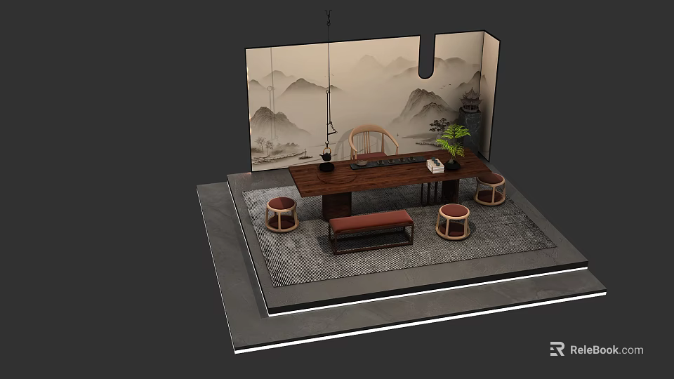 Traditional Chinese Tea Table and Chairs with Mountain Water Painting Background Rug and Bench 3d model 