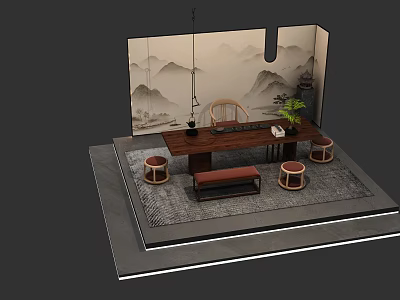 Traditional Chinese Tea Table and Chairs with Mountain Water Painting Background Rug and Bench 3d model