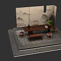 Traditional Chinese Tea Table and Chairs with Mountain Water Painting Background Rug and Bench