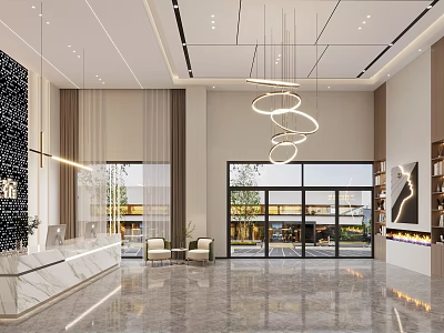 Modern Hotel Lobby Interior With Reception Desk Circular Chandeliers Large Windows And Comfortable Seating 3d model