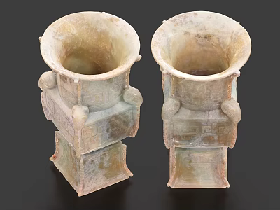 Paired Vintage Decorative Ornament Set With Jade Like Texture And Carved Patterns On Square Base 3d model
