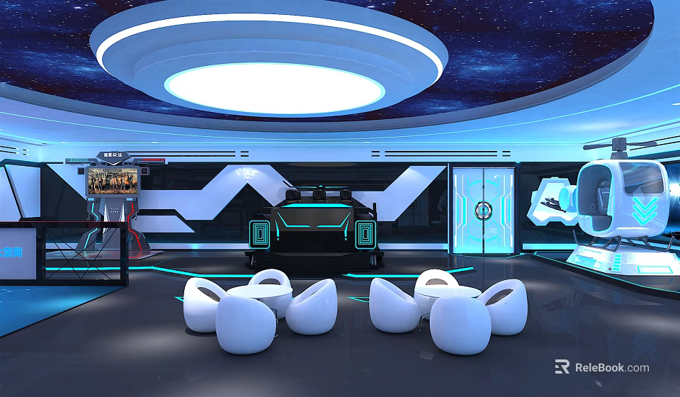 Futuristic Sci Fi Interior Design With Starry Ceiling Circular Glowing Lights And White Chairs 3d model 