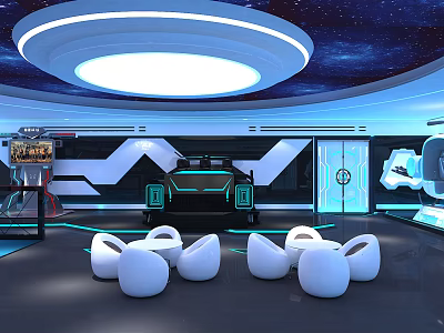 Futuristic Sci Fi Interior Design With Starry Ceiling Circular Glowing Lights And White Chairs 3d model