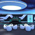 Futuristic Sci Fi Interior Design With Starry Ceiling Circular Glowing Lights And White Chairs