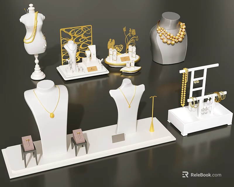 Elegant Jewelry Display Stands With Mannequins Necklaces Earrings And Golden Accessories 3d model 