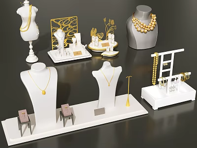 Elegant Jewelry Display Stands With Mannequins Necklaces Earrings And Golden Accessories 3d model