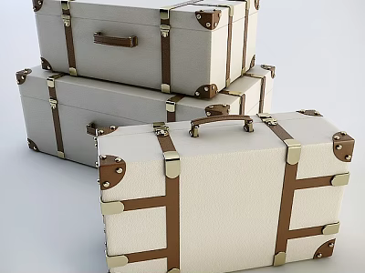 White Suitcases With Brown Straps And Metal Buckles Stacked Together 3d model