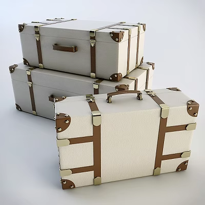 White Suitcases With Brown Straps And Metal Buckles Stacked Together 3d model White Suitcases With Brown Straps And Metal Buckles Stacked Together 3d model