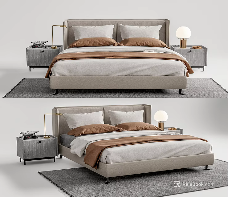 Modern Double Bed Interior With Bedside Tables Table Lamps And Neutral Linen 3d model 