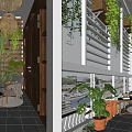Villa Balcony With Lush Green Plants Wicker Pendant Light Wooden Ceiling And Outdoor Seating