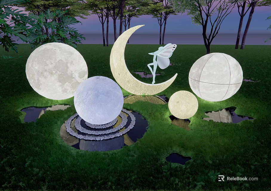 Outdoor Decorative Lights Crescent Moon Spherical Moon Textured In Night Grass Garden With Trees Sculpture 3d model 