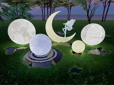 Outdoor Decorative Lights Crescent Moon Spherical Moon Textured In Night Grass Garden With Trees Sculpture 3d model