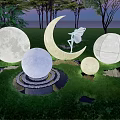 Outdoor Decorative Lights Crescent Moon Spherical Moon Textured In Night Grass Garden With Trees Sculpture