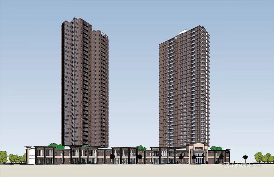 Modern High Rise Residential Complex With Two Towers And Low Rise Base 3d model