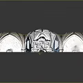 Ancient Vaulted Stone Arches Interior With Water Reflection And Blue Accents