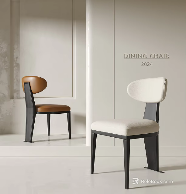 Modern Minimalist Brown Leather and Cream Fabric Dining Chairs with Black Legs 2024 3d model 