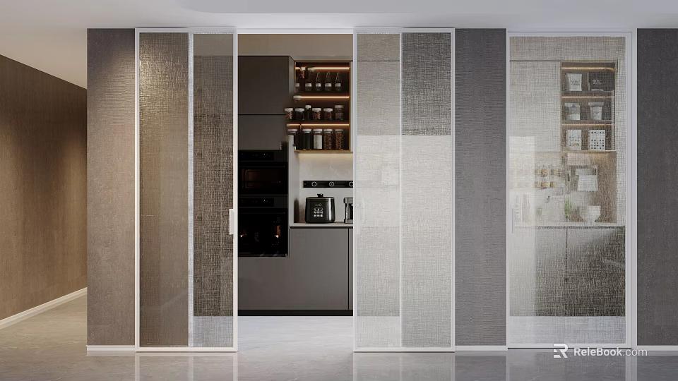 Modern Interior Sliding Doors with Textured Glass Connecting Kitchen and Open Living Space 3d model 