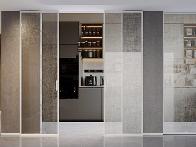 Modern Interior Sliding Doors with Textured Glass Connecting Kitchen and Open Living Space 3d model