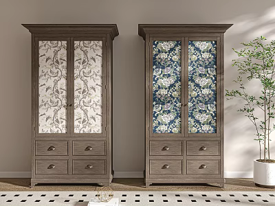 Vintage Wooden Wardrobes With Floral Patterned Doors Drawers And Black White Checkered Floor 3d model