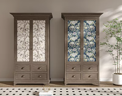 Vintage Wooden Wardrobes With Floral Patterned Doors Drawers And Black White Checkered Floor 3d model