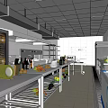 Functional Commercial Kitchen With Worktable Fresh Ingredients Cabinets And Ventilation System 3d model