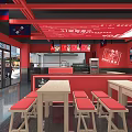 Red Themed Restaurant Interior With Tables Chairs Menu Boards And Ceiling Beams 3d model