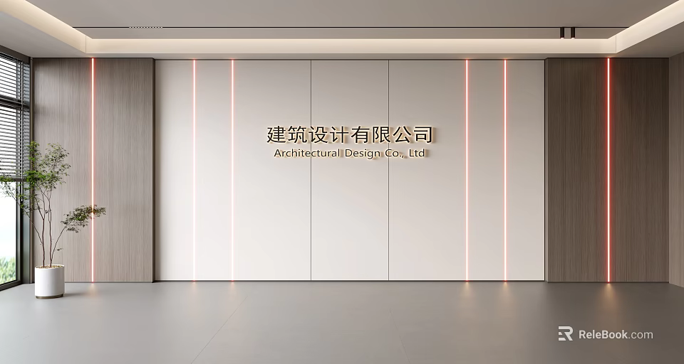Modern Architectural Design Office Background Wall With LED Strip Lighting And Wooden Side Panels 3d model 