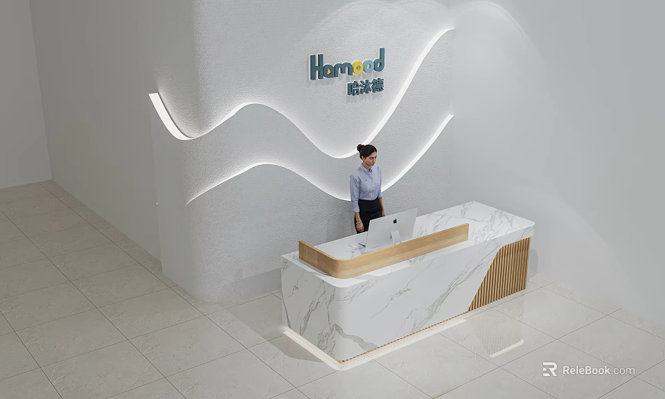 Modern Reception Desk Interior With White Wall Wavy Lines Marble Countertop Wooden Accents And Professional Woman 3d model 