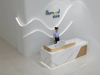 Modern Reception Desk Interior With White Wall Wavy Lines Marble Countertop Wooden Accents And Professional Woman 3d model