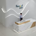 Modern Reception Desk Interior With White Wall Wavy Lines Marble Countertop Wooden Accents And Professional Woman