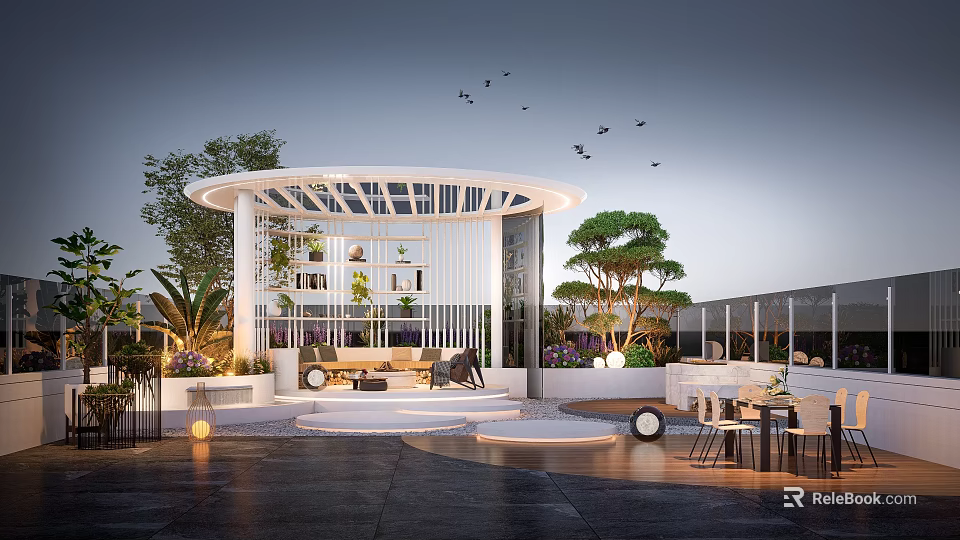 Modern Garden Patio With White Pergola Green Plants Relaxing Sofa Outdoor Table And Trees 3d model 