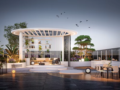 Modern Garden Patio With White Pergola Green Plants Relaxing Sofa Outdoor Table And Trees 3d model