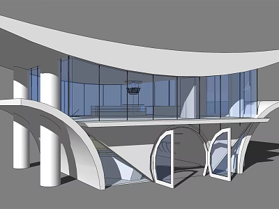 Modern Architectural Design With Curved Structure Glass Facade And White Columns 3d model