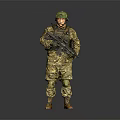 Military Soldier In Camouflage Uniform With Helmet And Rifle Standing Against Gray Background