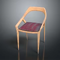Minimalist Light Wood Single Chair With Armrests And Dark Red Textured Seat Cushion