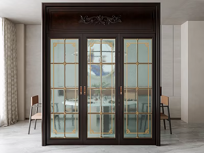 Elegant Dark Framed Sliding Door With Glass Panels And Gold Accents In Dining Room 3d model