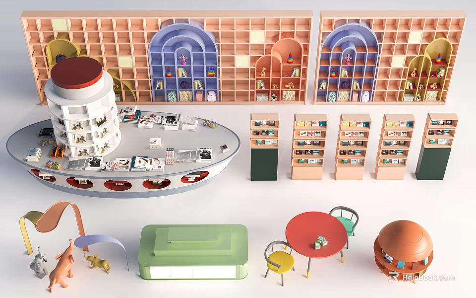 Modern Stylish Open Bookcases With Colorful Shelves And Contemporary Design Elements 3d model 
